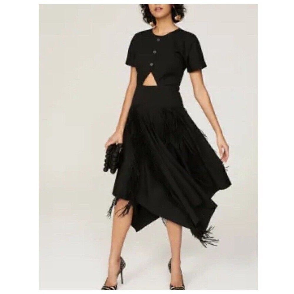 BIBHU MOHAPATRA Collective Dress Womens 0 Black Cutout Fringe Asymmetric Midi